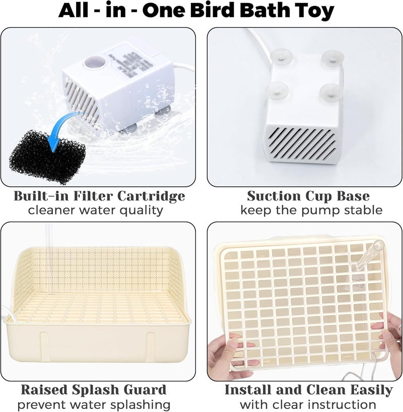 Jevnd Automatic Parakeet Bird Bath with Pump, Large Bird Shower Fountain Indoor Bathtub with Running Water, Parrot Bath Tub Faucet for Pet Birds, African Grey, Cockatiel, Conure, Budgie, Lovebird - Image 5